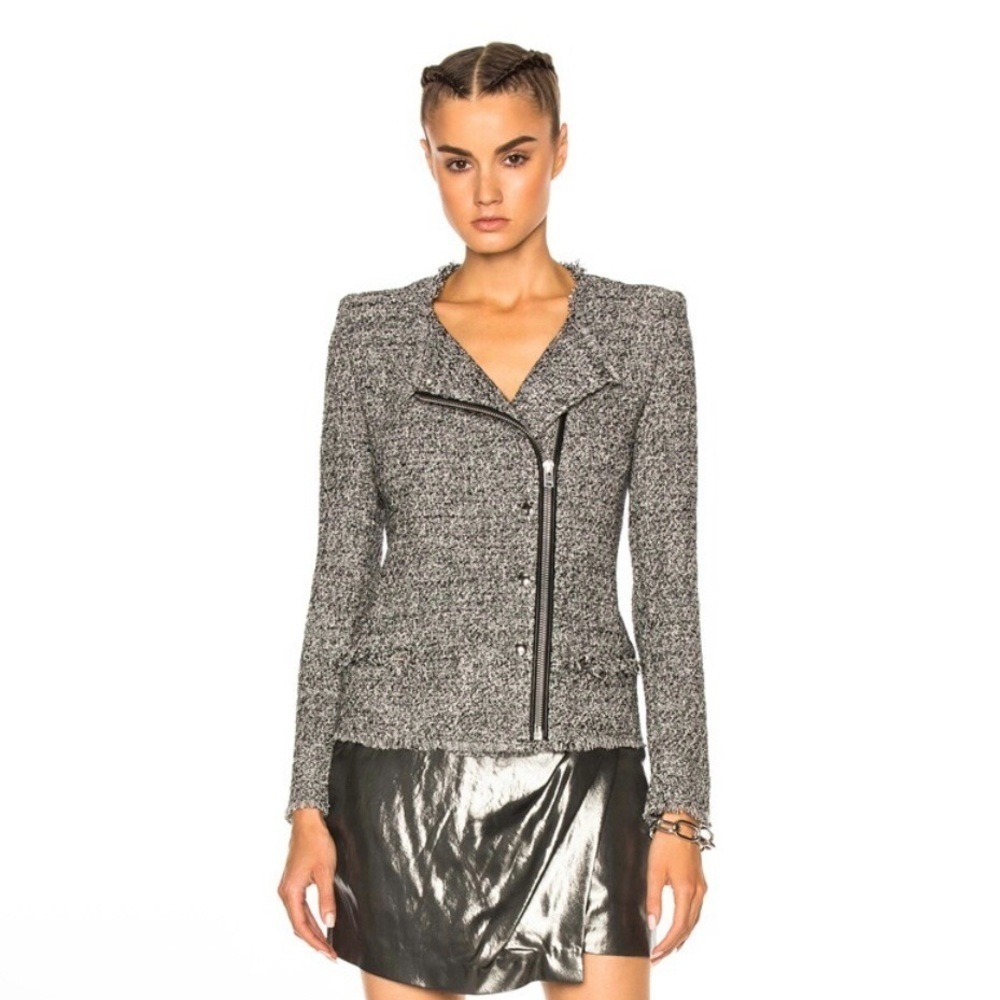 IRO Carlota Jacket Boucle Tweed Moto Blazer Lambskin Zip Trim Black White 8